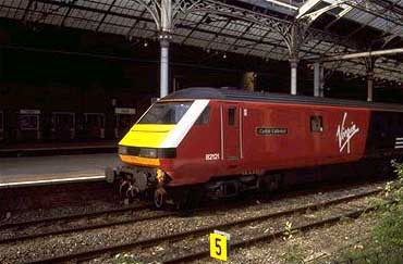 [photograph of Virgin electric locomotive at Preston railway station]